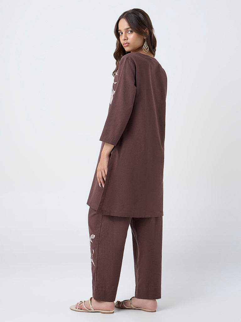 Utsa Brown Floral Embroidered Cotton-Blend A-Line Kurta