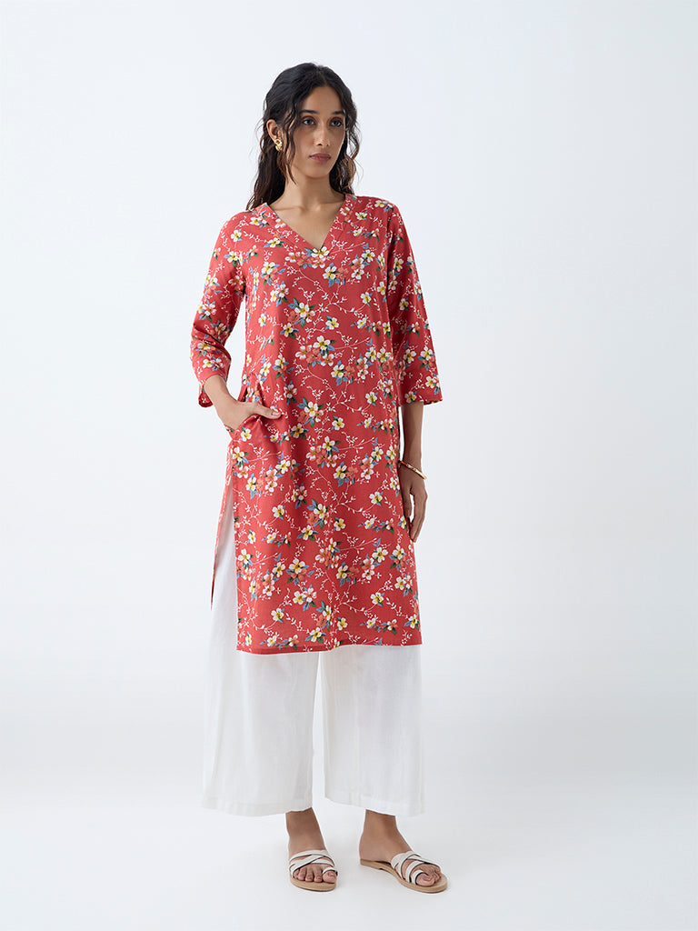 Westside Utsa Women's Red Floral Pattern Straight Kurta for Everyday Full View