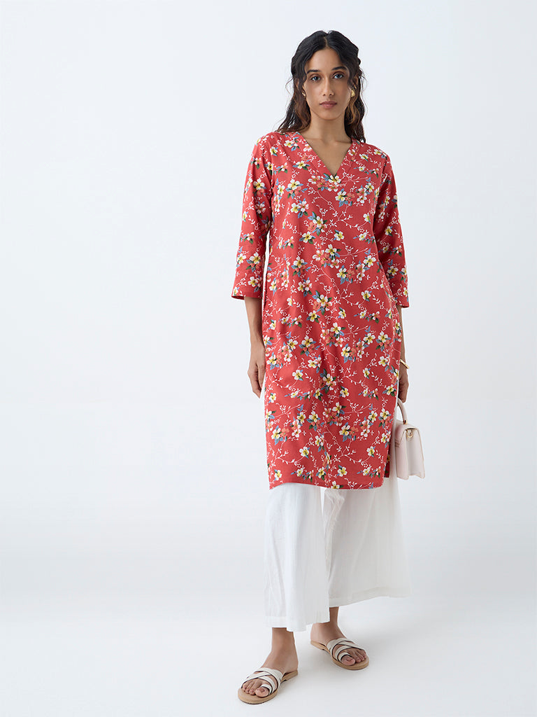 Westside Utsa Women's Red Floral Pattern Straight Kurta for Everyday Front View