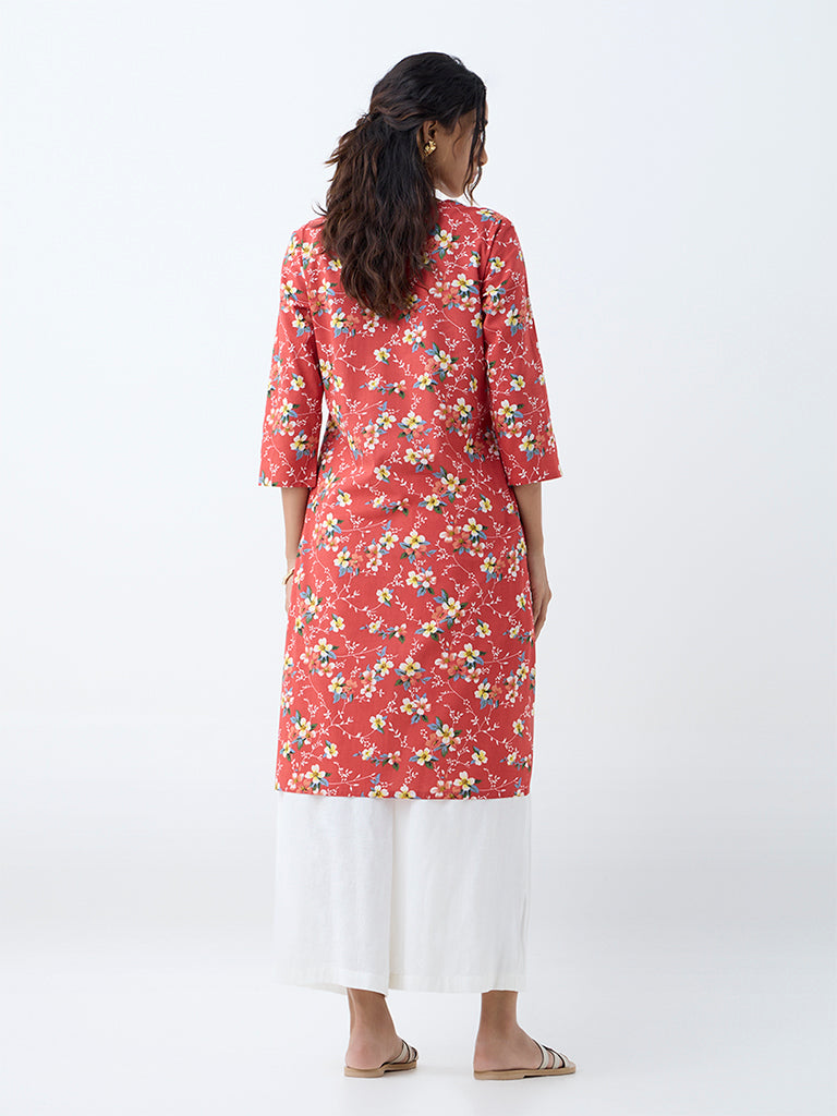 Westside Utsa Women's Red Floral Pattern Straight Kurta for Everyday Back View