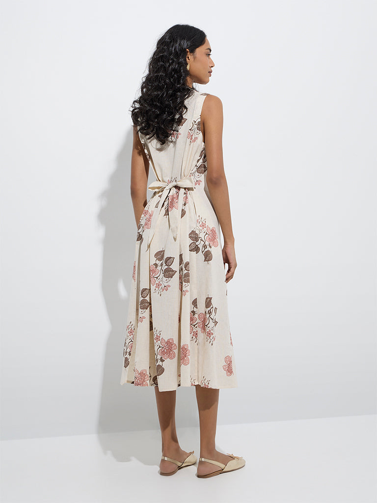 Utsa Off-White Floral Printed Cotton-Blend Shirt Dress