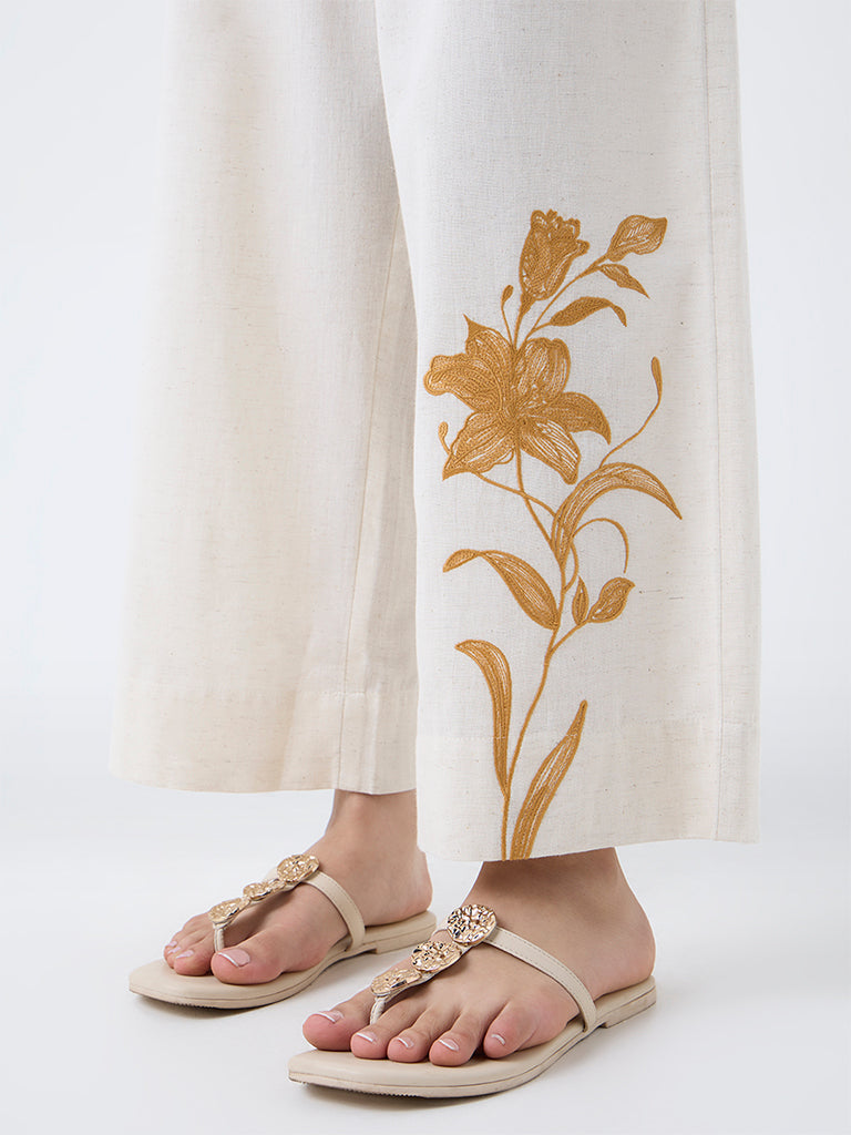 Utsa Off-White Floral Embroidered Cotton-Blend Pants