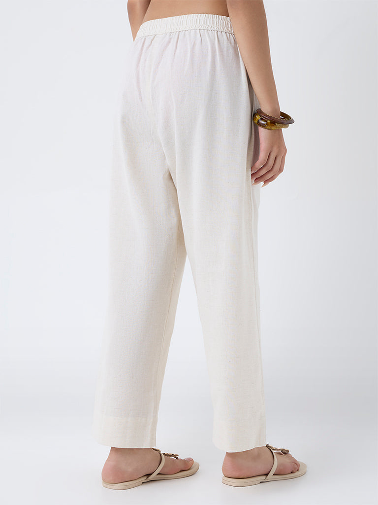 Utsa Off-White Floral Embroidered Cotton-Blend Pants