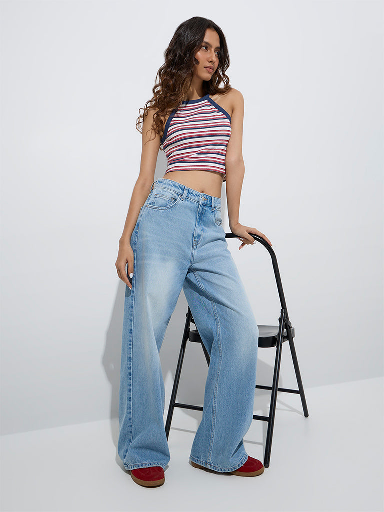 Westside Nuon Women's Light Blue Washed Relaxed-Fit High-Rise Jeans for Casual Wear Full Model View