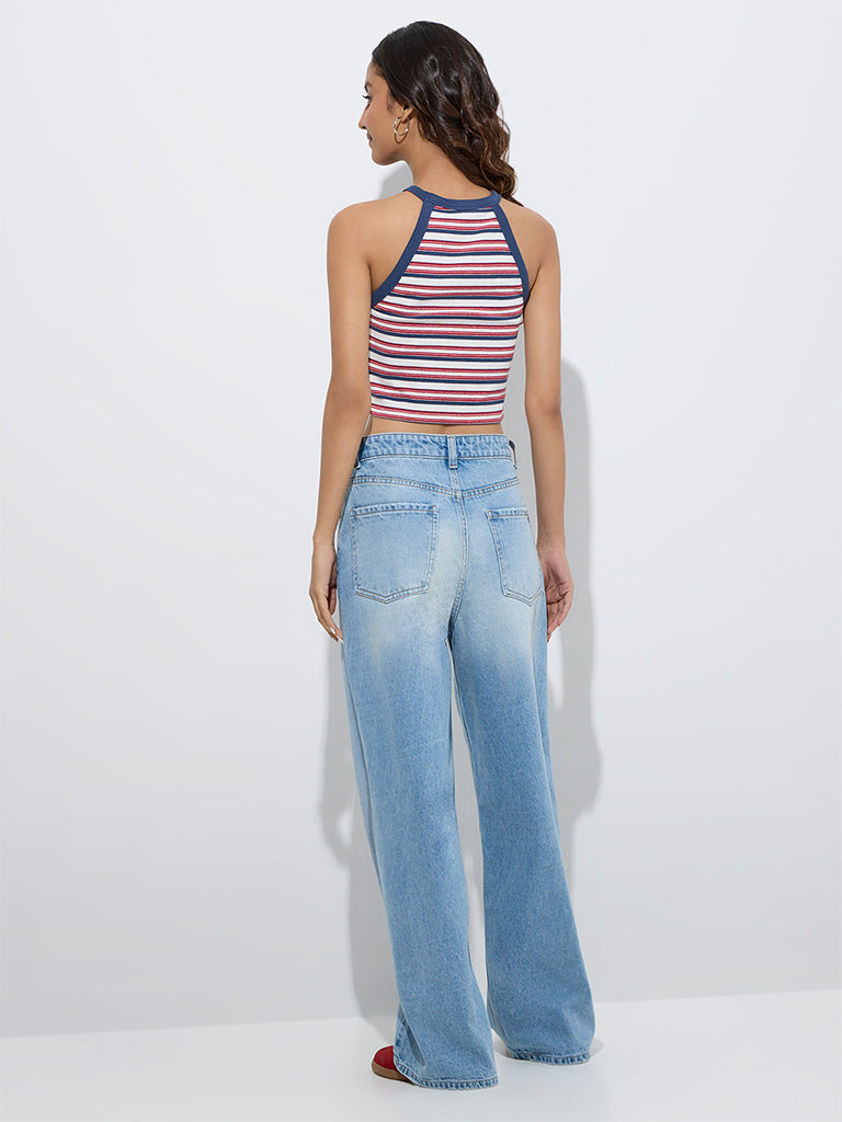 Westside Nuon Women's Light Blue Washed Relaxed-Fit High-Rise Jeans for Casual Wear Back View