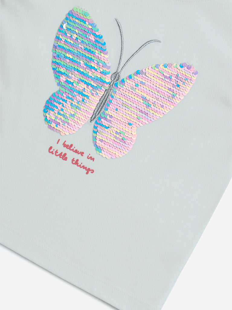 Westside HOP Girls' Kids White Butterfly Sequin Detailed Cotton Top for Casual Wear Zoom View
