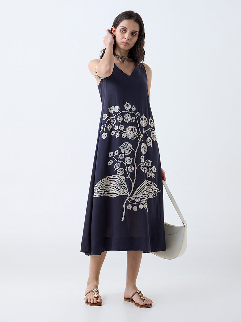 Westside Utsa Women's Black Leaf Pattern A-Line Dress for Work Wear Full View