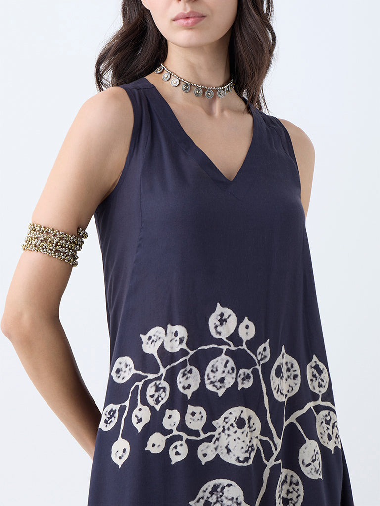 Westside Utsa Women's Black Leaf Pattern A-Line Dress for Work Wear Zoomed View