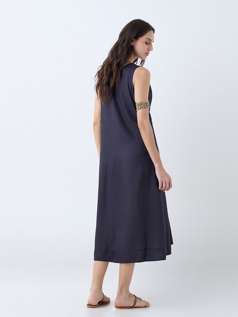 Westside Utsa Women's Black Leaf Pattern A-Line Dress for Work Wear Back View