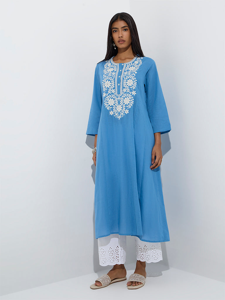 Westside Utsa Women's Blue Floral Embroidered Cotton A-Line Kurta for Work Wear Full Model View