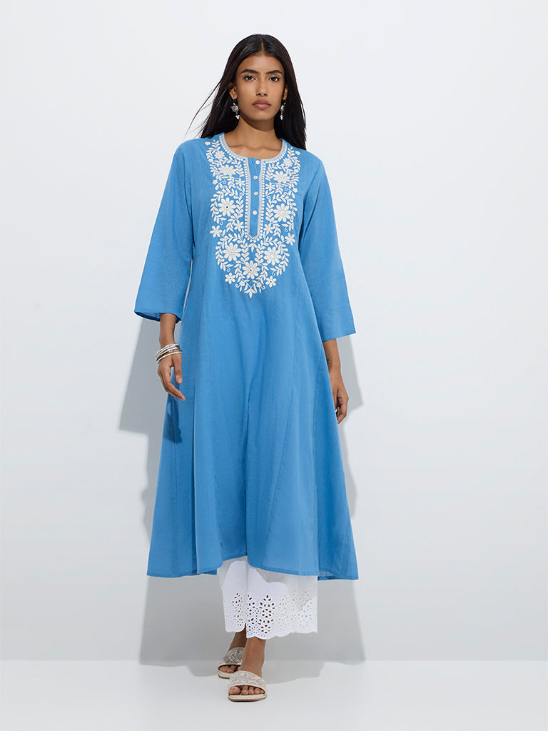 Westside Utsa Women's Blue Floral Embroidered Cotton A-Line Kurta for Work Wear Front View