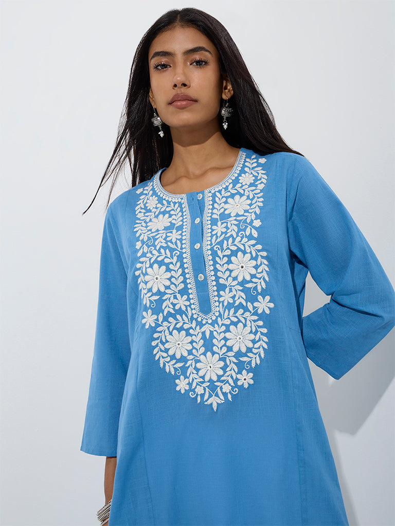 Westside Utsa Women's Blue Floral Embroidered Cotton A-Line Kurta for Work Wear Zoom View