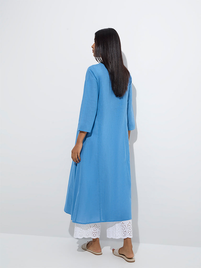 Westside Utsa Women's Blue Floral Embroidered Cotton A-Line Kurta for Work Wear Back View