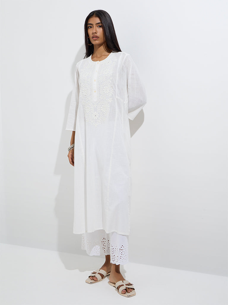 Westside Utsa Women's White Floral Embroidered Cotton A-Line Kurta for Work Wear Full Model View