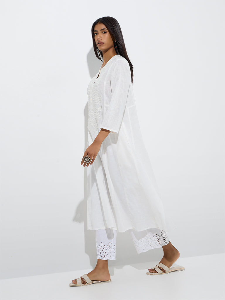 Westside Utsa Women's White Floral Embroidered Cotton A-Line Kurta for Work Wear Side View