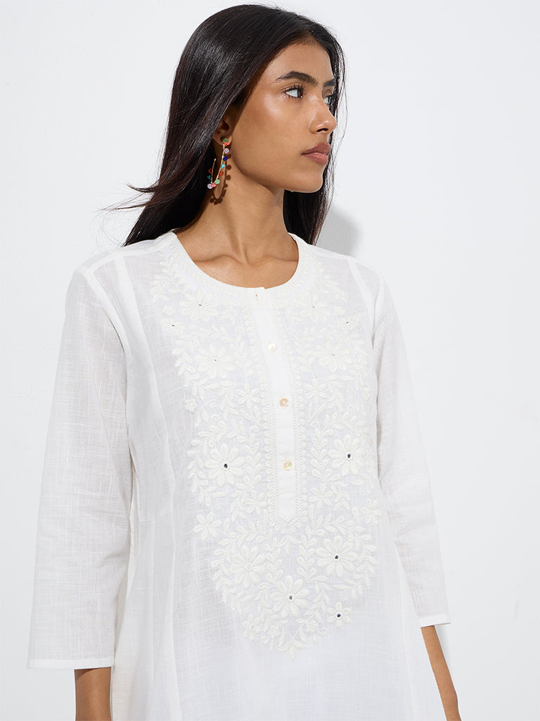 Westside Utsa Women's White Floral Embroidered Cotton A-Line Kurta for Work Wear Zoom View