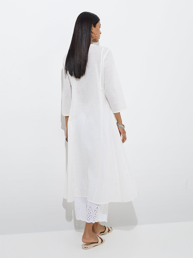 Westside Utsa Women's White Floral Embroidered Cotton A-Line Kurta for Work Wear Back View