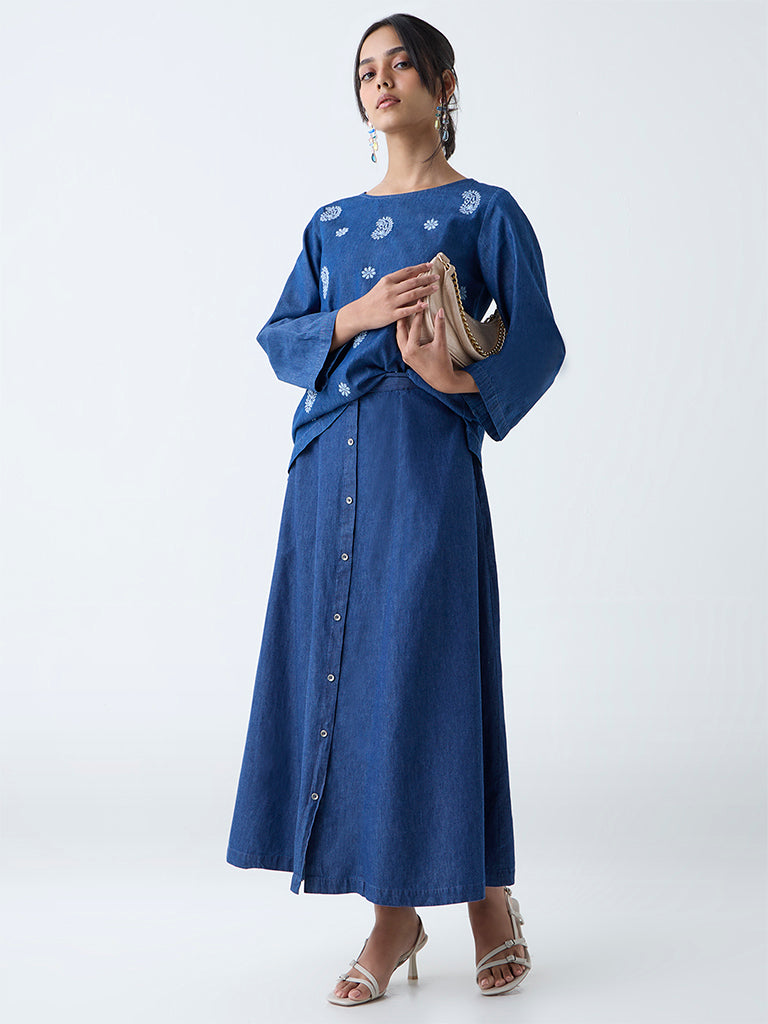 Westside Utsa Women's Indigo Maxi Denim Skirt for Work Wear Full View