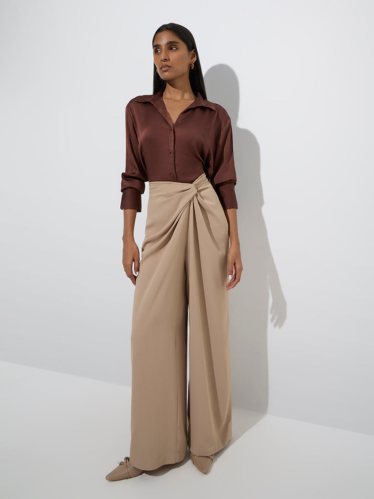 Westside Wardrobe Women's Dark Brown Satin Shirt for Work Wear Full Model View