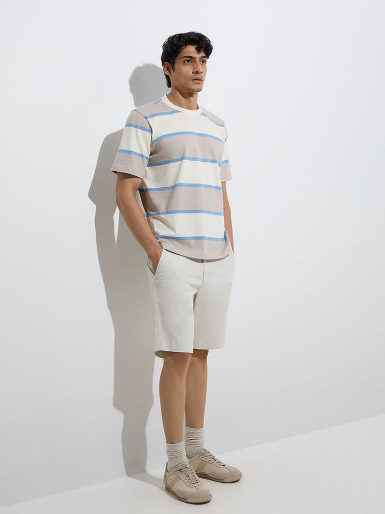 WES Casuals Taupe Stripe Relaxed-Fit Cotton T-Shirt
