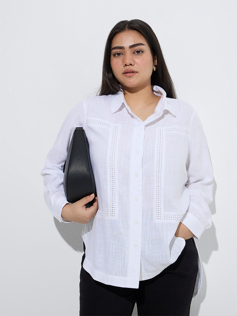 Westside Gia Women's White Crochet-Detailed High-Low Shirt for Casual Wear Front View