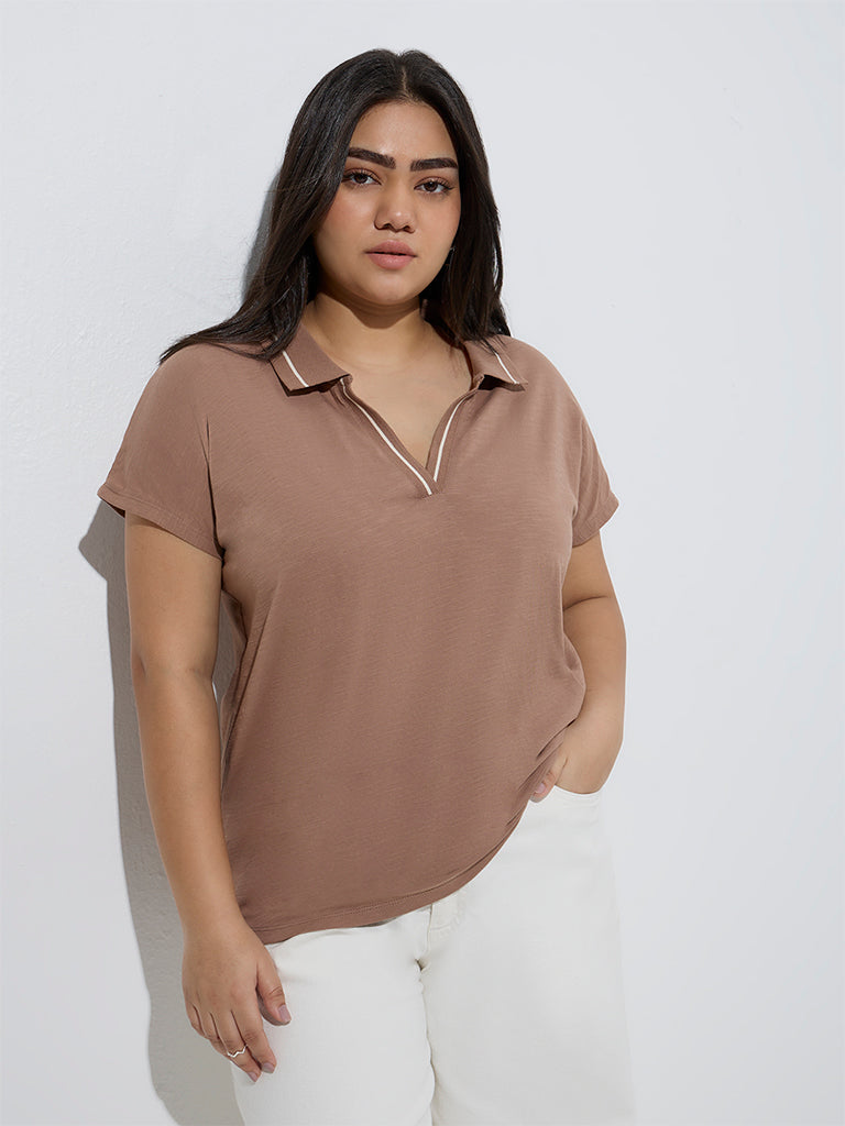 Westside Gia Women's Brown Cotton Polo T-Shirt for Casual Wear Front View