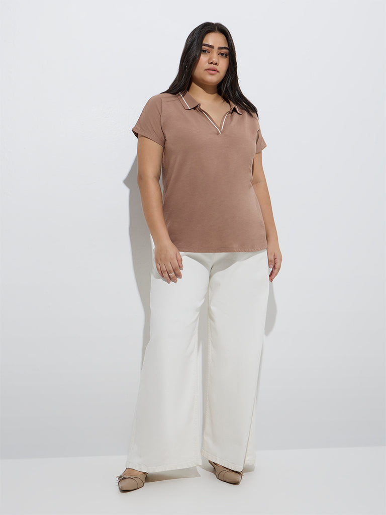 Westside Gia Women's Brown Cotton Polo T-Shirt for Casual Wear Full Model View