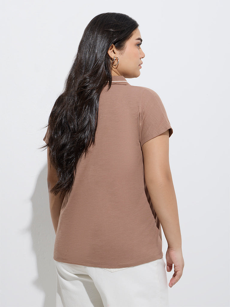 Westside Gia Women's Brown Cotton Polo T-Shirt for Casual Wear Back View
