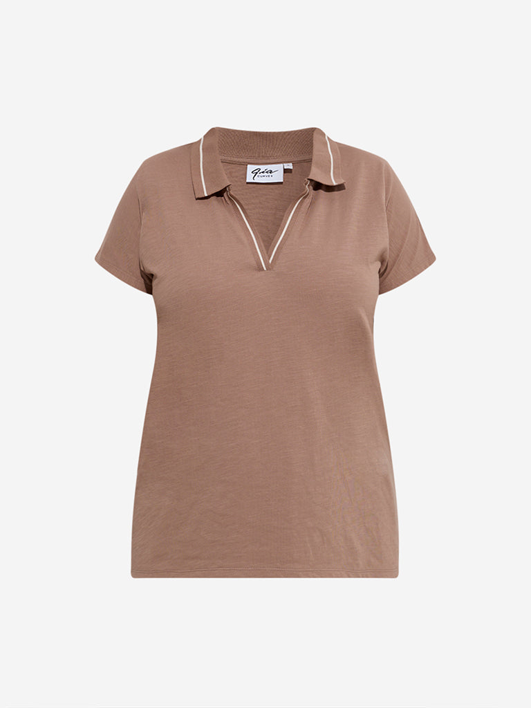 Westside Gia Women's Brown Cotton Polo T-Shirt for Casual Wear Flatly View
