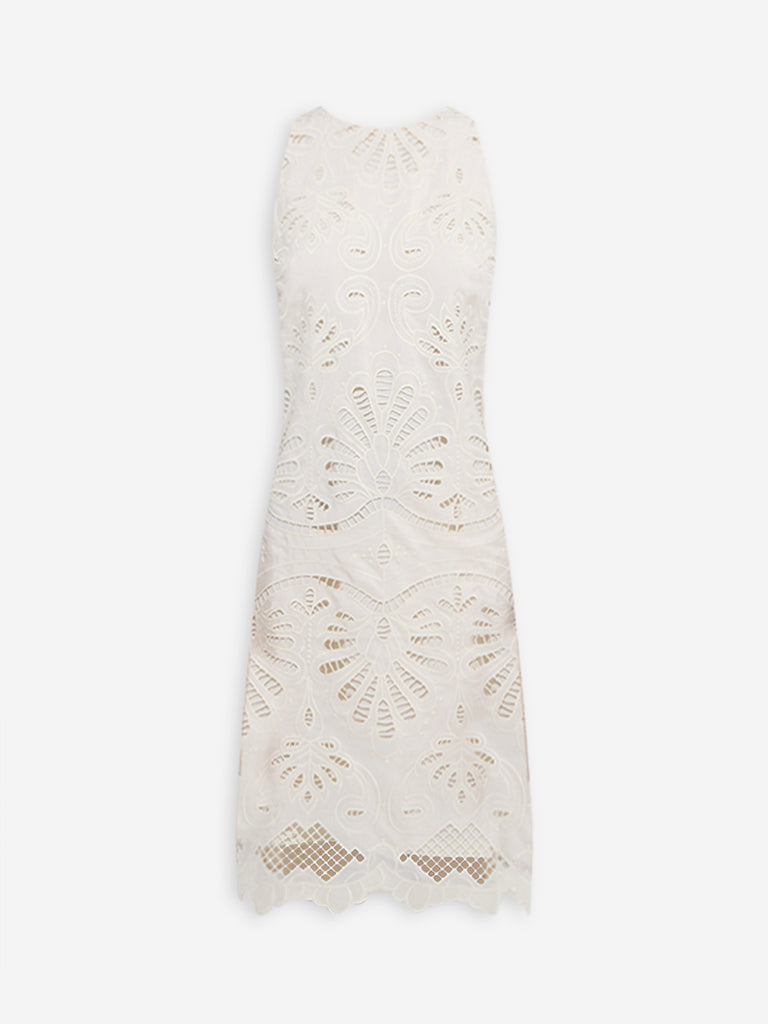 Westside Wardrobe Women's Off-White Lace Detailed Shift Dress for Work Wear Flatly