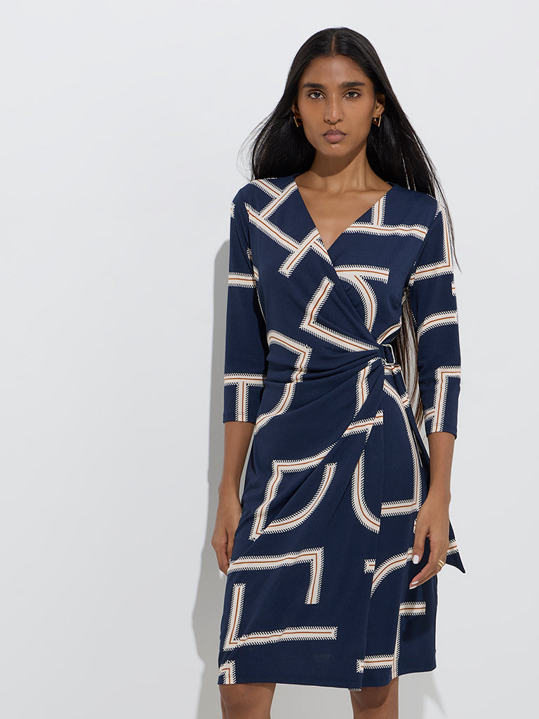 Westside Wardrobe Women's Navy Abstract Printed Wrap-Style Dress for Work Wear Front View