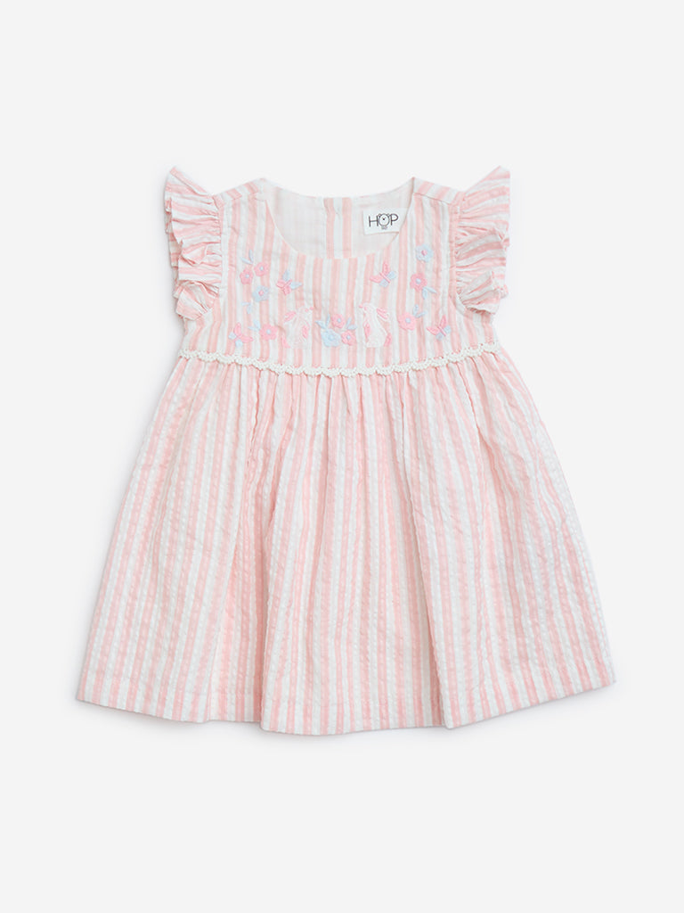 Westside HOP Baby Girls' Pink Striped A-Line Cotton Dress for Casual Wear Front  View