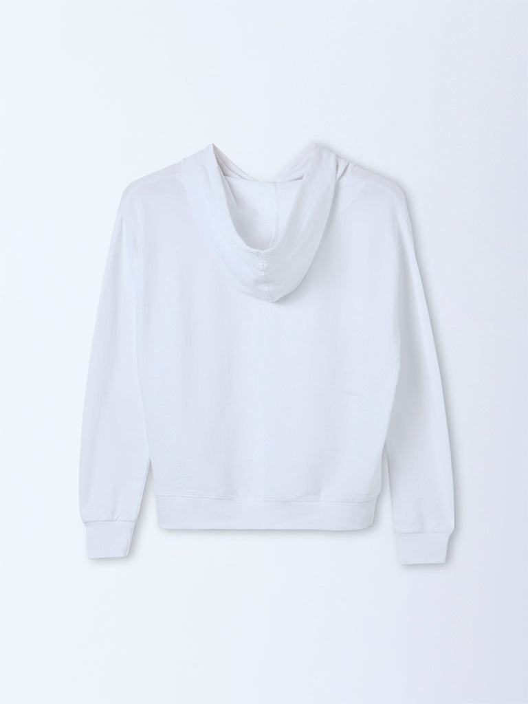 Studiofit White Solid Relaxed Fit Cotton Hoodie