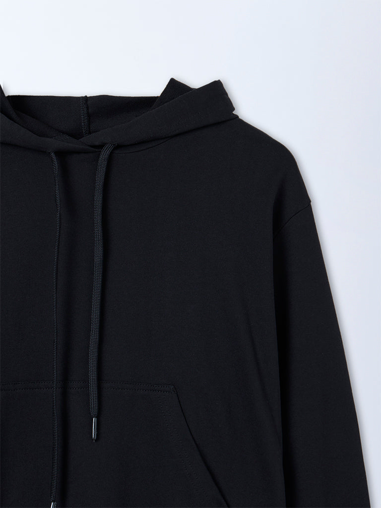 Studiofit Black Solid Relaxed Fit Cotton Hoodie