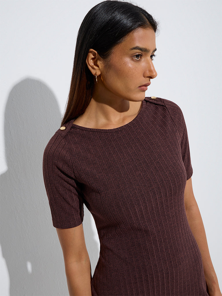 Westside Wardrobe Women's Brown Self-Striped Bodycon Dress for Work Wear Zoom View