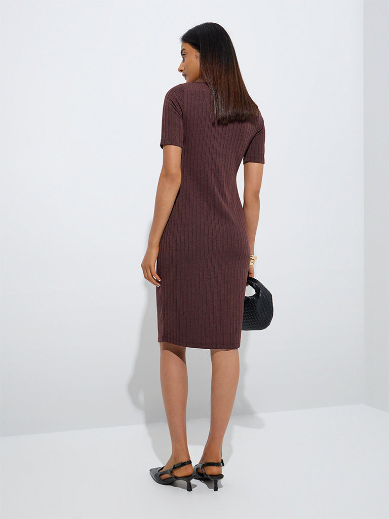 Westside Wardrobe Women's Brown Self-Striped Bodycon Dress for Work Wear Back View