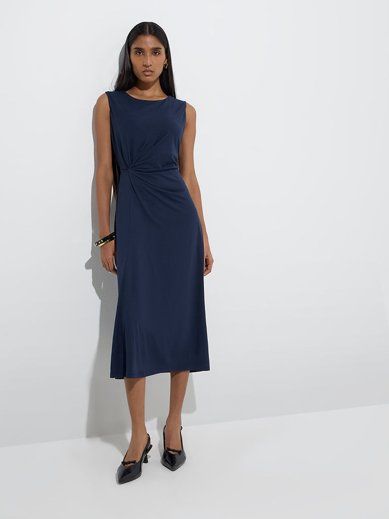 Westside Wardrobe Women's Navy Solid Straight Dress for Work Wear Front View