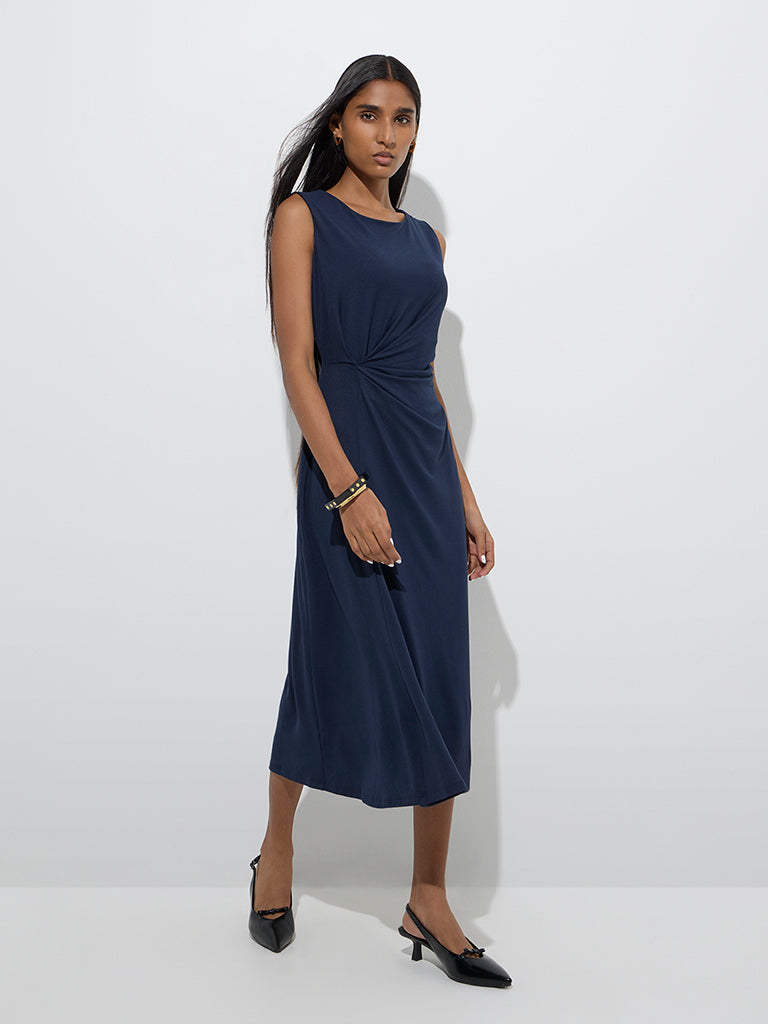 Westside Wardrobe Women's Navy Solid Straight Dress for Work Wear Full View