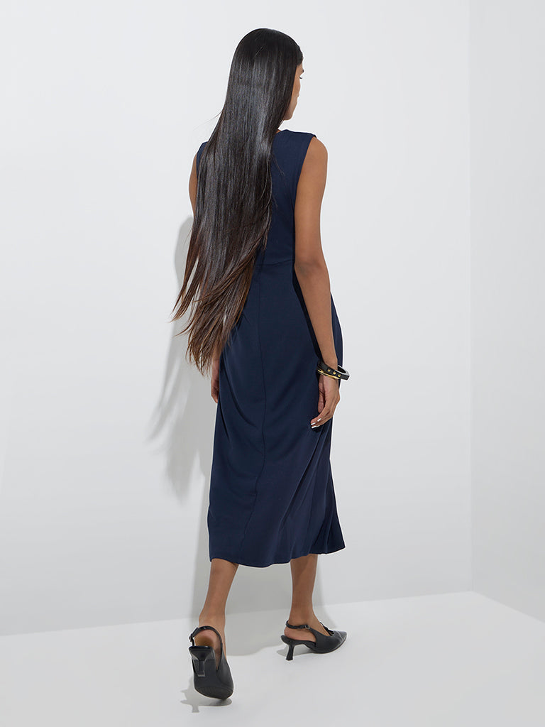 Westside Wardrobe Women's Navy Solid Straight Dress for Work Wear Back View