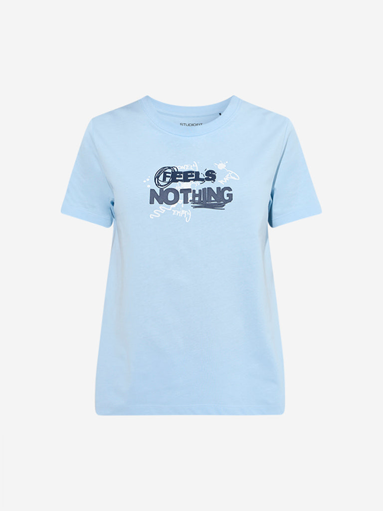 Westside Studiofit Women's Light Blue Typographic Cotton T-Shirt for Sports Wear Flatly View
