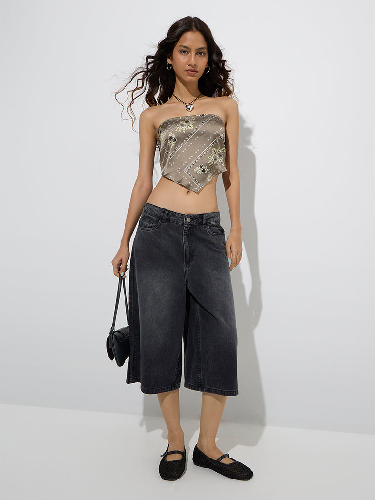 Westside Nuon Women's Khaki Printed Satin Scarf Top for Casual Wear Full View