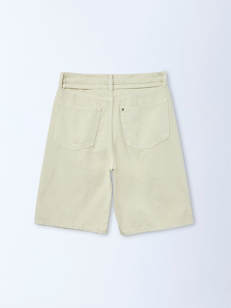 Nuon Cream Washed High-Rise Denim Shorts