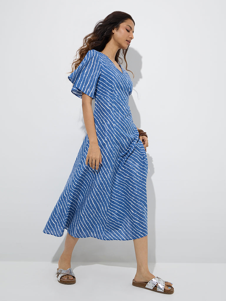 Westside Bombay Paisley Women's Blue Stripes Printed Cotton A-Line Dress for Everyday Full Model View
