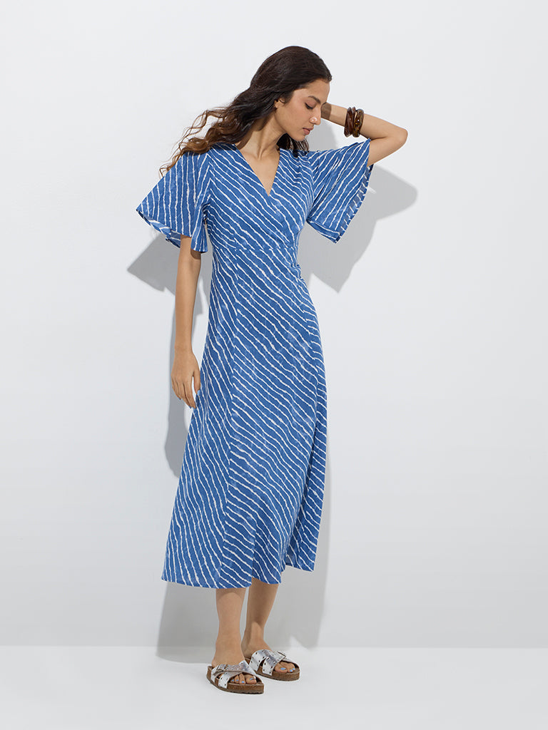 Westside Bombay Paisley Women's Blue Stripes Printed Cotton A-Line Dress for Everyday Front View