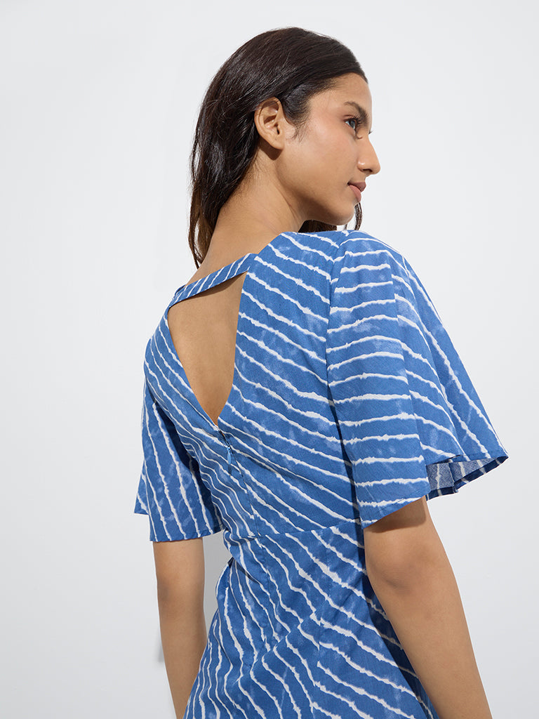 Westside Bombay Paisley Women's Blue Stripes Printed Cotton A-Line Dress for Everyday Zoom View