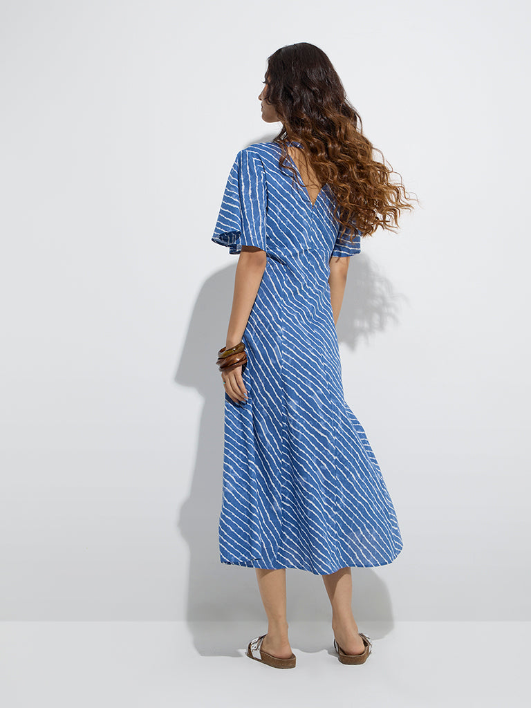 Westside Bombay Paisley Women's Blue Stripes Printed Cotton A-Line Dress for Everyday Back View