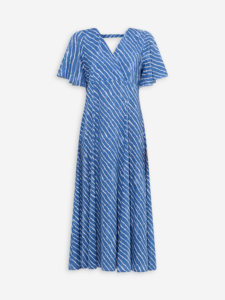 Westside Bombay Paisley Women's Blue Stripes Printed Cotton A-Line Dress for Everyday Flatly View