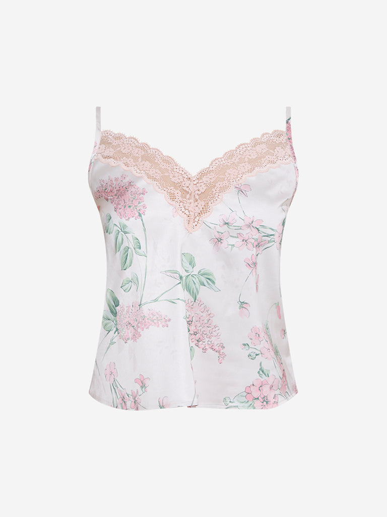 westisde Wunderlove Women's Light Pink Floral Design Satin Camisole for Casual Wear Flatly View