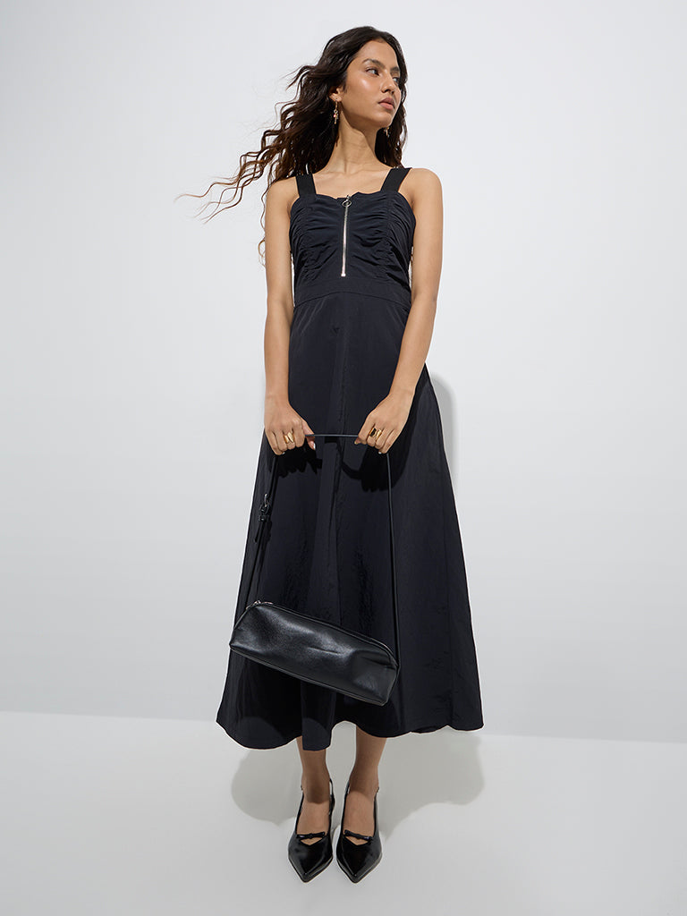 Westside Nuon Women's Black Ruched A-Line Dress for Casual Wear Full Model View