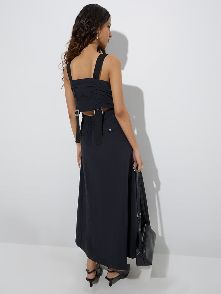 Westside Nuon Women's Black Ruched A-Line Dress for Casual Wear Back View